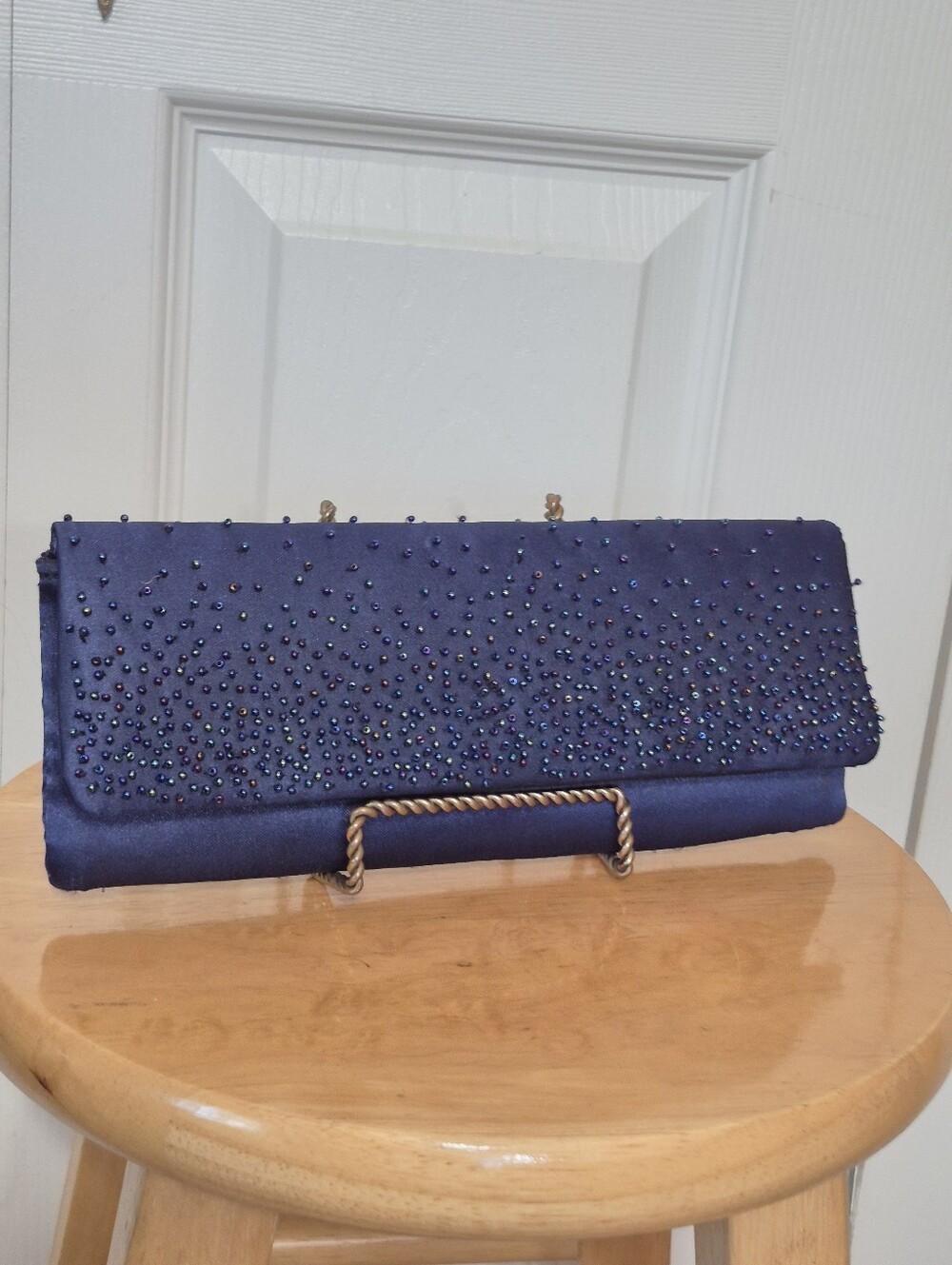 La Regale dark blue beaded satin evening bag clutch